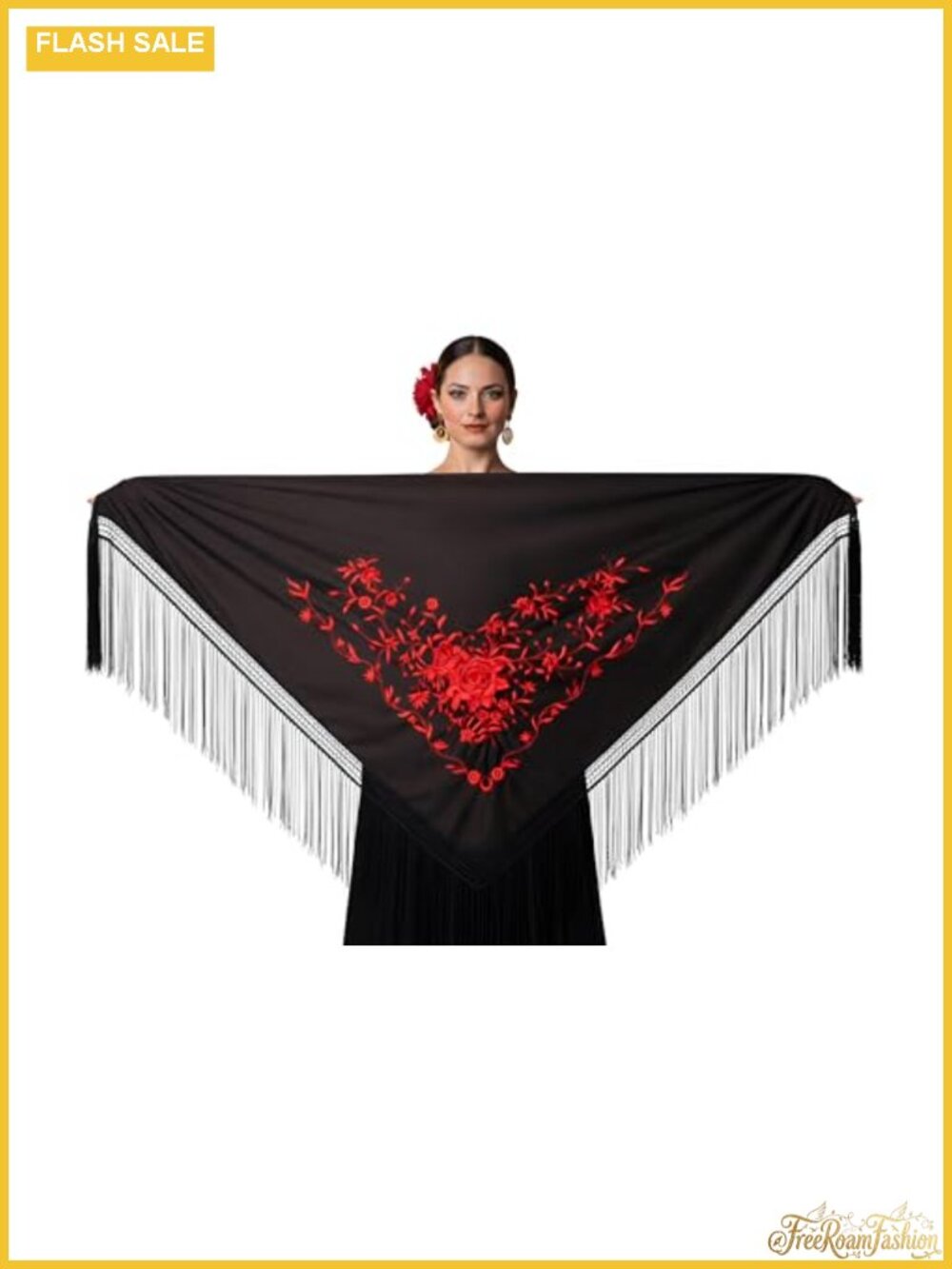Silk Flamenco Triangle Shawl Fringed Embroidered Wrap Large 75x35in